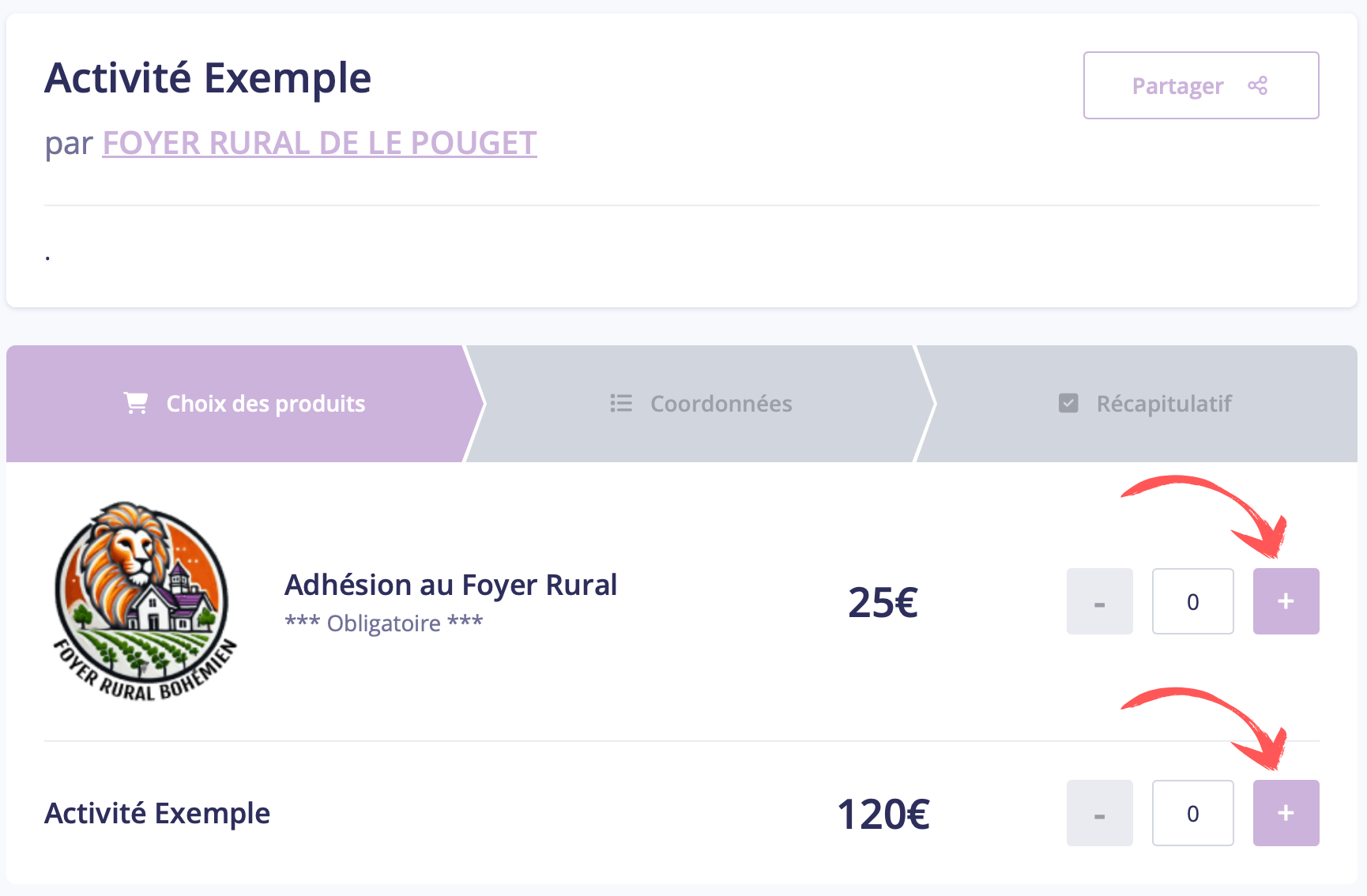 Choix des produits : boutons plus sur Adhésion et Activité